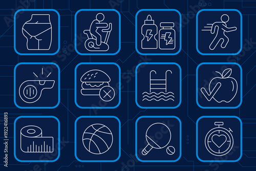 Photography set icon. Aperture shutter, studio softbox, crop tool, exposure control, photo stack, gesture zoom, ring light, camera tripod, compact camera, film roll, umbrella light, clapperboard