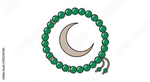 A green prayer beads rosary with a crescent moon centerpiece, symbolizing spirituality and faith, depicted in a circular illustration