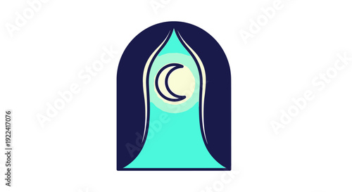 An abstract illustration of a crescent moon inside an archway with curved lines and teal accents in a minimalist style from a frontal viewpoint