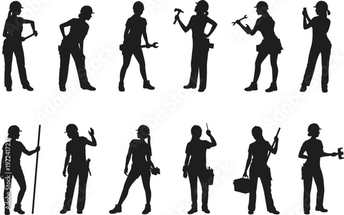 Female construction worker silhouettes, women holding tools, standing poses, engineering icons, hard hats, labor roles, tradeswomen, safety gear, builders