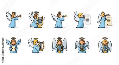 Cute Angel Icons Set: Playing Music, Reading Scrolls, White Background