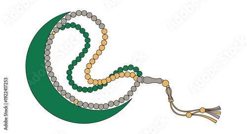 Islamic prayer beads, known as Tasbih or Misbaha, wrapped around a crescent moon symbol, representing spirituality and faith, in a simple, illustrative style.