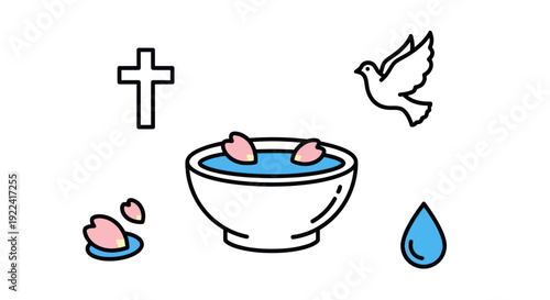 Christian Baptism Symbols: Cross, Dove, Font, Water, Petals