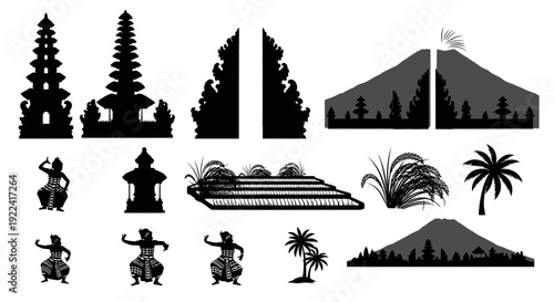 Balinese Temple Gates, Volcano, Rice Terraces, Dancers, Palm Trees - Silhouette Icons Vector