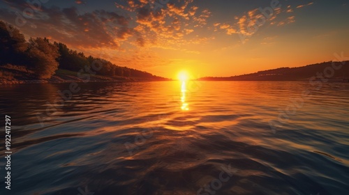 Experience the serene grandeur of a breathtaking sunset illuminating a tranquil lake with golden reflections.