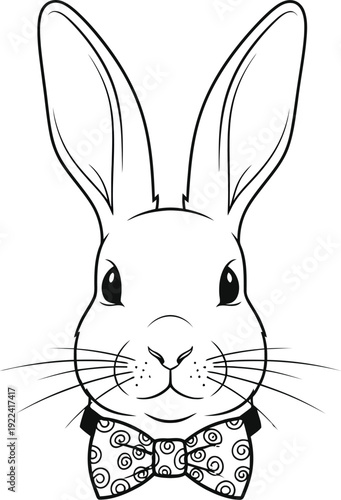 Simple black and white illustration of a rabbit wearing a bow tie