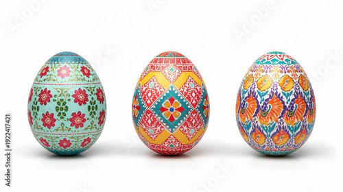 Tre uova di Pasqua decorate con motivi floreali e ornamenti geometrici colorati isolati su sfondo bianco. Generative AI 
