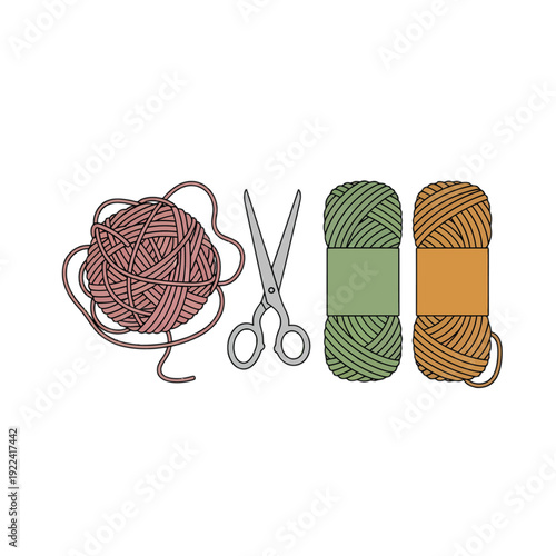 Yarn balls and scissors threads skeins