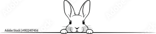 Simple black and white illustration of a cute rabbit peeking over edge