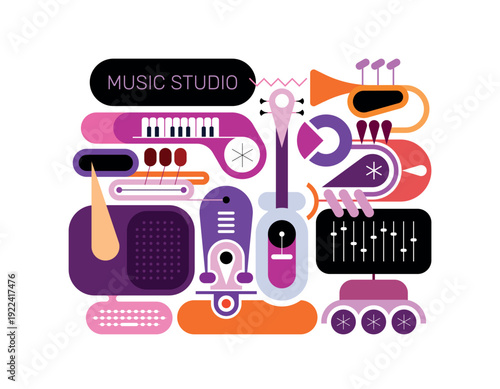 Abstract vector illustration with guitar, piano keyboard, trumpets and musical electronic equipment. Designed in a flat geometric style isolated on a white background.