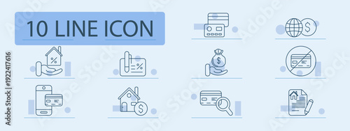 Finance set icon. Outline banking symbols, house protection, loan percent, money bag, card payment, mortgage house, document contract, currency globe, check verification