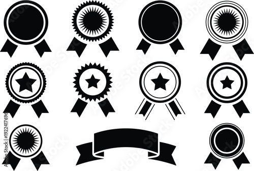 Collection of black silhouette award ribbons, rosettes, and banner icons Keywords: award, ribbon, rosette, banner, badge, medal