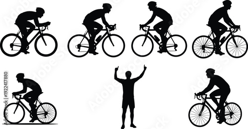 Collection of cyclist silhouettes in various poses and actions on a white background Keywords: cyclist, cycling, bicycle, bike