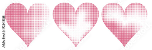 Set of different shaped hearts with halftone effect. Monochrome, pop art style dotted hearts, isolated on white background. Vector illustration