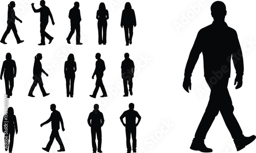 Collection of black silhouettes of people walking in various poses and directions Keywords: silhouette, walking, people, men