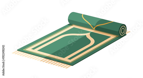 A green prayer mat rolled up partially, revealing intricate golden designs and patterns, on a clean surface, viewed from above.