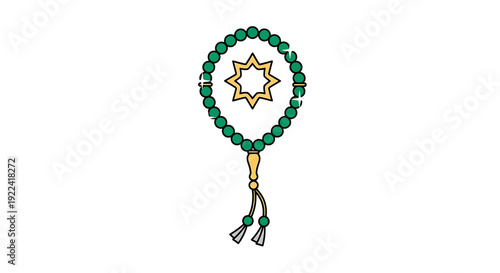 An illustration of a traditional Islamic prayer rosary with a Star of David pendant hanging from a green beaded circle
