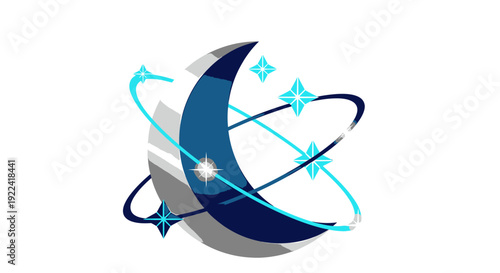 A stylized crescent moon surrounded by celestial elements and abstract shapes in a digital illustration