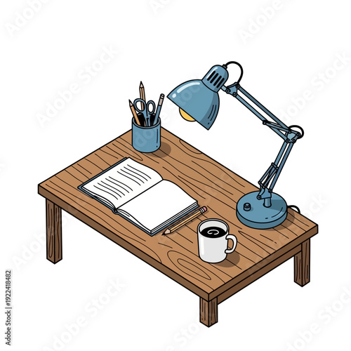 A wooden desk with a lamp, coffee, notebook, and pens.