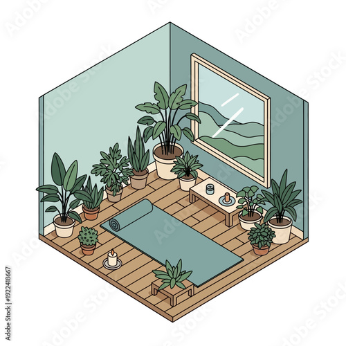 Isometric illustration of a serene indoor space with plants and a yoga mat.
