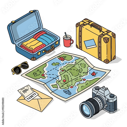 Travel essentials including luggage, map, camera, and accessories.