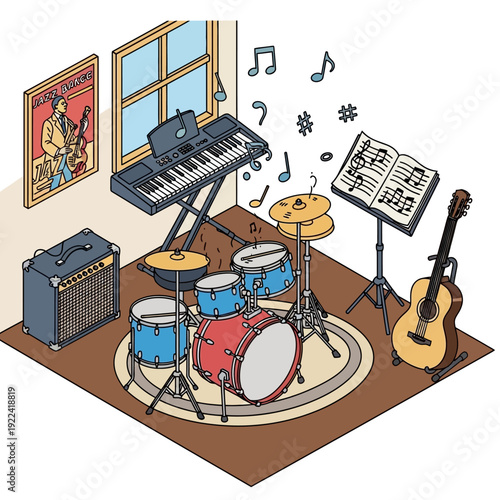 Music Room with Instruments and Equipment.