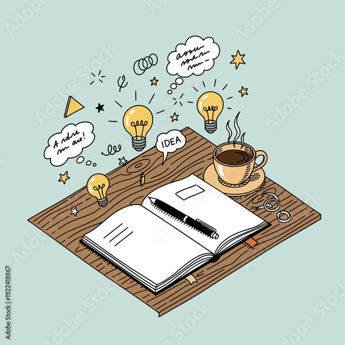 Creative workspace with notebook and coffee cup surrounded by idea bubbles and lightbulbs.