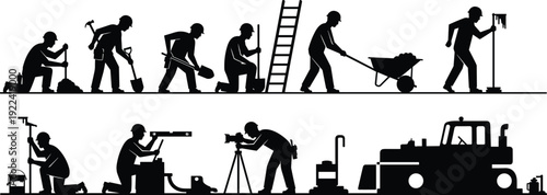 Construction worker evolution silhouette set with tools and machinery vector illustration