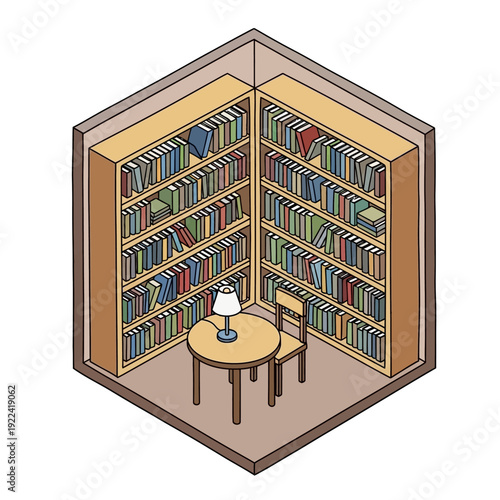 Cozy isometric library with bookshelves and reading table.