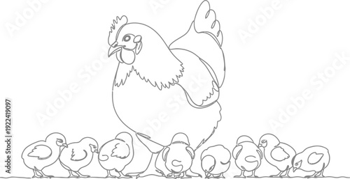 Mother hen protecting her adorable chicks in a simple illustration