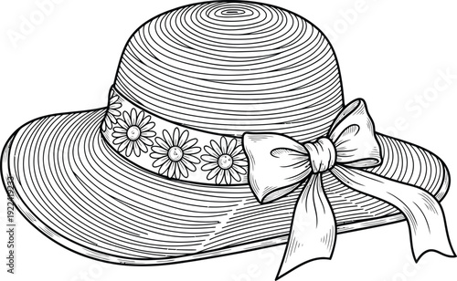 Beautiful elegant straw hat with flowers and ribbon for ladies