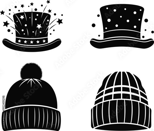 Four black silhouette hats including a party hat and winter beanies vector illustration