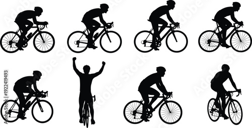 Multiple silhouettes of cyclists in different poses and actions on a white background Keywords: cyclist, cycling, bicycle, bike