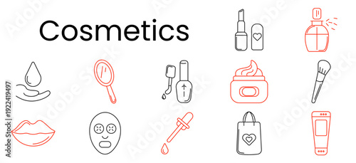 Cosmetics set icon. Drop hand, mirror, nail polish, lipstick, perfume, cream jar, brush, lips, mask, serum dropper, shopping bag, skincare, beauty, makeup, spa, hygiene