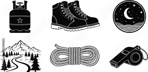 Outdoor Adventure And Camping Icons On White Background Keywords: outdoor, adventure, camping, icons, gas cylinder, propane tank