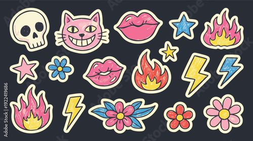 Cartoon stickers with skull cat lips flowers.