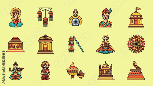 Collection of Hindu deity icons and temple elements in a vibrant, illustrative style, showcasing various cultural symbols and architectural details