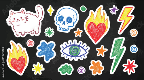 Colorful Sticker Collection with Cat Skull Heart.
