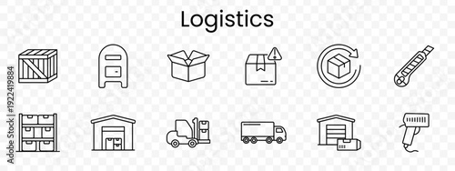 Logistics set icon. Crate, locker, box, damaged, return, cutter, warehouse, shelves, depot, forklift, truck, hangar, scanner, delivery, storage, shipping, supply