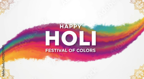 A vibrant "Happy Holi Festival of Colors" greeting with a colorful powder swirl on a white background, celebrating the Indian festival.