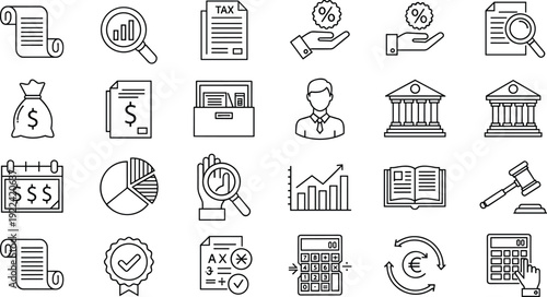Finance and accounting icons, tax outline symbols, money management, business calculation, audit, investment, banking, law, legal, financial planning