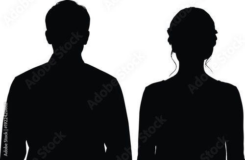 Silhouette of a man and a woman facing forward on a white background Keywords: silhouette, man, woman, couple, people, portrait