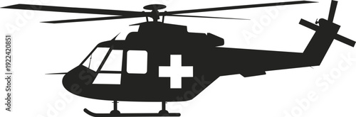 Silhouette of a medical helicopter with a white cross symbol on its side Keywords: helicopter, medical, emergency, rescue, air