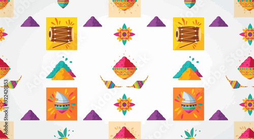 Vibrant repeating pattern featuring traditional elements of the Holi festival, including drums, colored powders, and water guns on a white background.