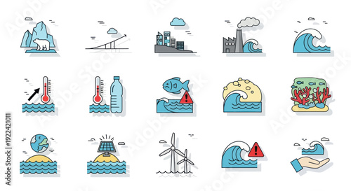 Collection of Climate Change and Environmental Impact Icons.