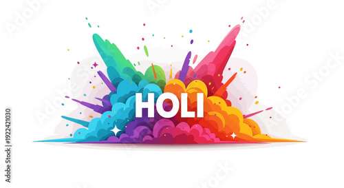 Vibrant Holi festival celebration with an explosion of colorful powder and confetti on a white background, featuring the word HOLI in the center.