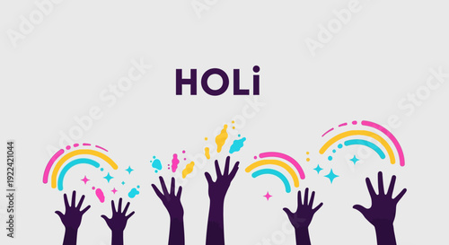 Vibrant Holi festival illustration with raised hands, colorful splashes, and rainbow arcs celebrating the Indian festival of colors.