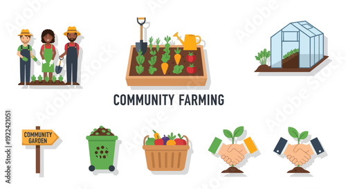 Community Farming Icons Set with Gardeners Plants and Greenhouse.