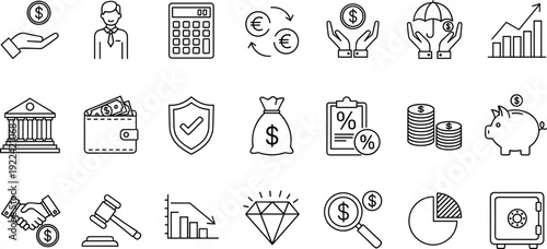 Finance icons set, banking symbols, investment outline, business economy, money management, insurance, savings, accounting, wealth, security, analysis