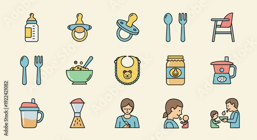 Baby Care Icons: Bottle Pacifier Spoon Fork High Chair Bib Food Jar Blender and Feeding.